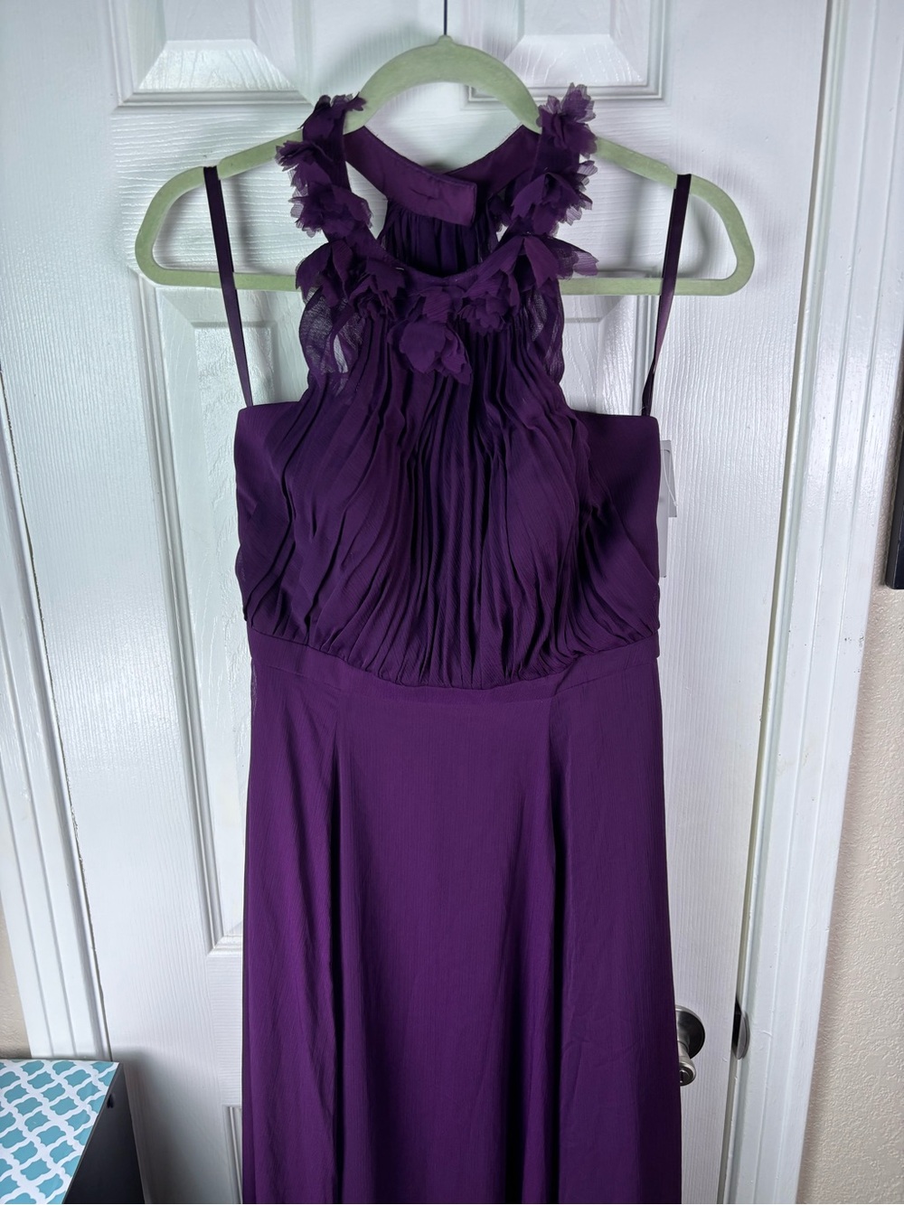 Morilee Elegant Purple Halter Maxi Dress with Floral Neckline - Picture 14 of 15